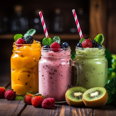 Assortment of fresh fruit smoothies with berries, kiwi, and greens. Healthy diet conceptの素材