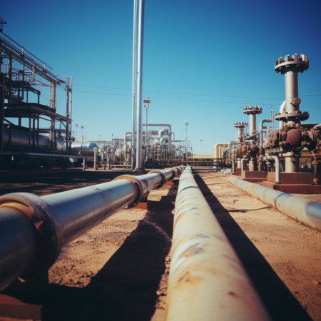 Gas pipeline and station on sunny day, fuel and energy industry concept in clear bright weatherの素材