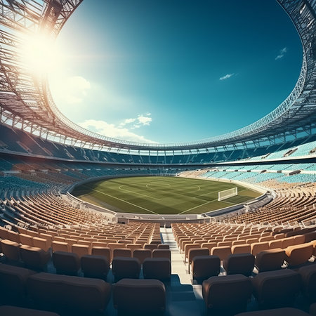 Empty football stadium with open roof and empty stands on bright sunny day, sport conceptの素材