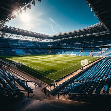 Deserted football stadium with open roof surrounded by empty stands on a sunny, bright dayの素材