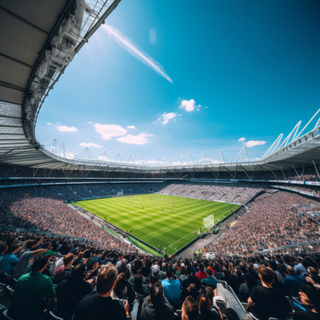 Sunny day football match in open-roof stadium with full stands under clear blue sky on game dayの素材