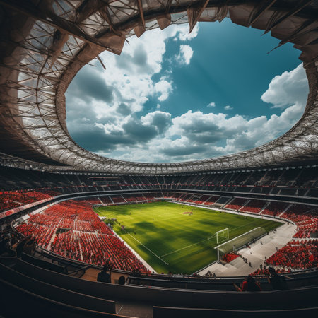 Spectacular football match in open-roof stadium with full stands on a bright sunny dayの素材