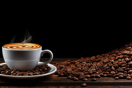 Freshly brewed coffee in a cup along with scattered coffee beans on a rustic wooden tableの素材