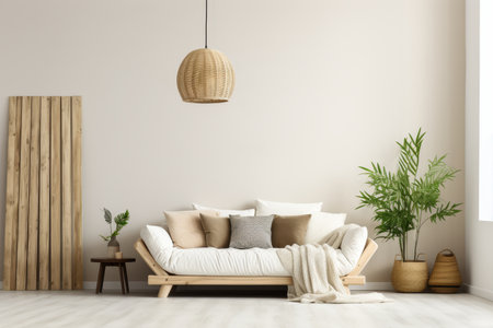 Cozy living room interior with beige comfortable couch and warm blanket for cozy winter eveningsの素材