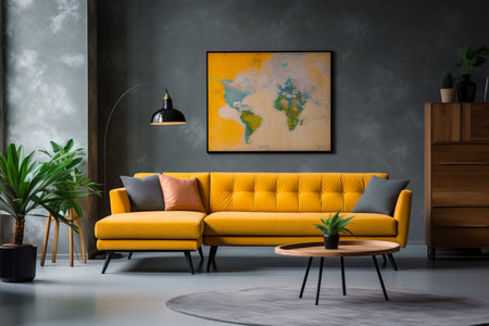 Scandinavian living room with two knitted poufs and dark blue corner sofa, modern interior designの素材