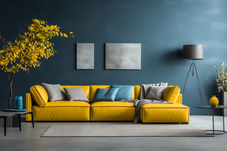 Scandinavian living room with dark blue corner sofa and knitted poufs in modern home interiorの素材