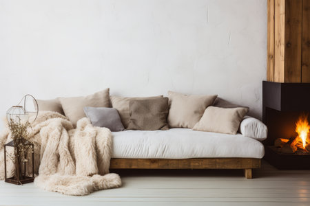 Inviting beige living room with comfortable couch, cozy atmosphere, and warm blanketの素材