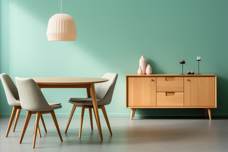 Scandinavian mint chairs and wooden dining table in modern living room with sofa and cabinetの素材
