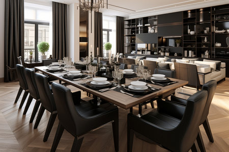 Contemporary stylish dining room interior in a modern family home with elegant furnishingsの素材