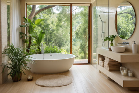 Luxurious white and beige bathroom with oval mirror, bathtub, shower, plants, and parquet floorの素材