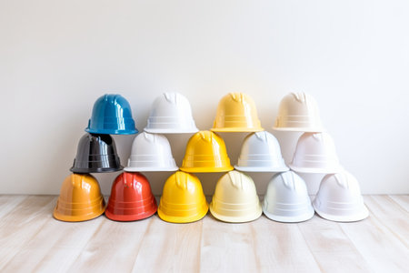 Multicolored safety construction worker helmets - essential safety gear for construction teamの素材