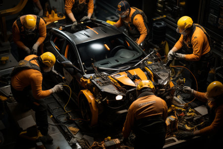 Skilled pit crew fast tuning race car suspension during intense pitstop with engaged spectatorsの素材