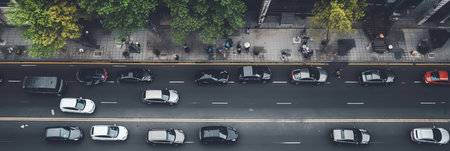 Aerial view of urban metropolis with busy road and lots of cars driving in city centerの素材