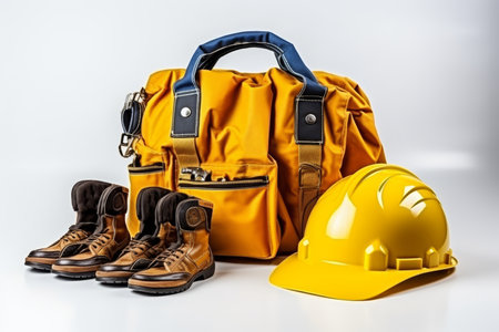Construction works scheme with yellow or blue helmet and tools on light backgroundの素材