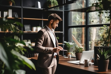 Professional businessman reading morning news and drinking coffee in spacious officeの素材