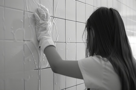 Young woman cleaning tiled wall using rubber gloves with light ashy colors, household chores conceptの素材