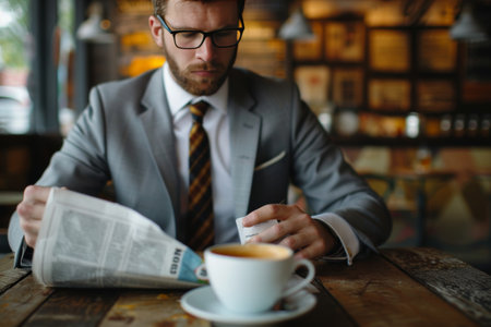 Businessman reading morning news while enjoying a cup of coffee in a cozy office settingの素材
