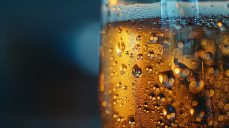 Close-up of beer glass with condensation drops for text placement and advertisingの素材
