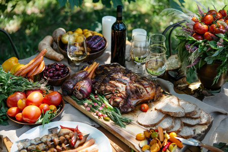 Delicious labor day picnic. grilled meat and fresh vegetables for a flavorful feastの素材