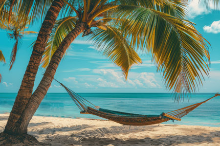 Relaxing tropical island getaway with palm trees, hammocks, and crystal clear seasの素材