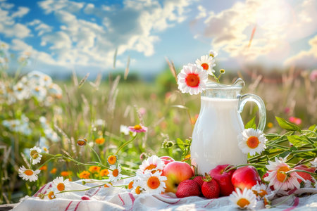 Rustic milk jug with fresh fruits in a summer field surrounded by nature and sunshineの素材