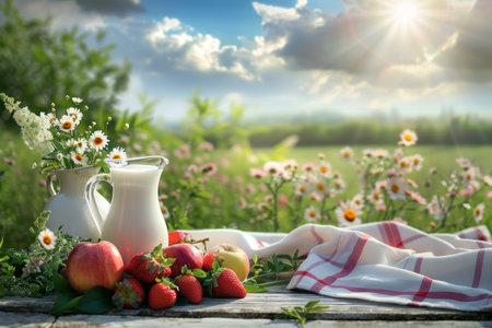 Fresh fruits and milk in a jug with summer field background, organic healthy lifestyle conceptの素材