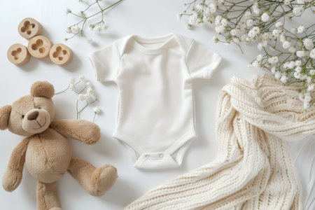 Blank gender neutral newborn bodysuit template mock up with teddy bear and eco-friendly wooden toysの素材