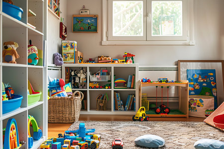 Clean and organized playroom with toys, books, and a designated play area for childrenの素材