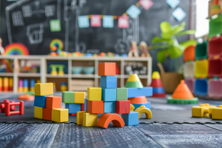 Colorful educational toy blocks in childrens playroom for preschoolers and kindergartenersの素材