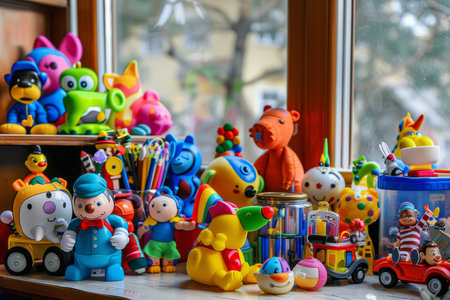 Many colorful toys in vibrant collection displayed on desk for playtime and fun activitiesの素材