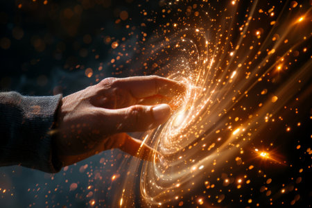 First contact. hand touching spinning vortex of light particles, neuronal network conceptの素材