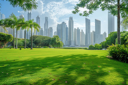 Urban oasis. citys financial district park with lush green lawn and skyline viewの素材