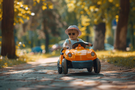Happy child enjoying a ride in a toy electric car at the park on a beautiful summer dayの素材
