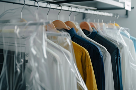 Rack with clean clothes on hangers after dry-cleaning indoors on a white backgroundの素材