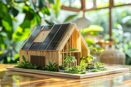 Energy efficient model house with solar panels and plants, ecology and sustainability conceptの素材