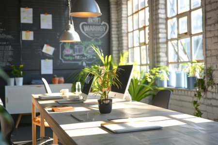 Bright modern office interiors with stylish workspaces for professional environmentの素材