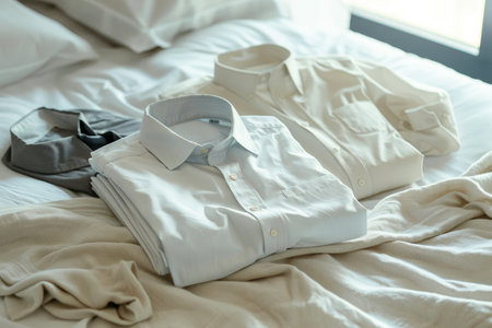 stylish mens classic shirt collection arranged on white bed background for displayの素材