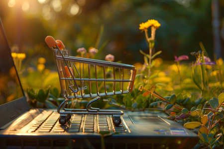 E-commerce concept. shopping cart on laptop keyboard in a beautiful garden at sunsetの素材