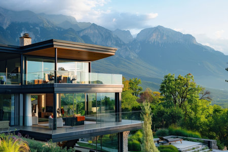 Modern glass villa in minimal style with stunning mountain views and luxury glamping experienceの素材