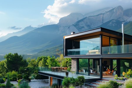 Minimalist luxury villa with glass walls providing spectacular mountain views and modern amenitiesの素材