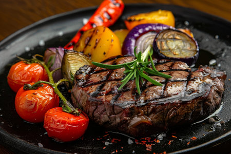 Succulent grilled fillet steak with ripe juicy tomatoes and seasoned roast vegetablesの素材