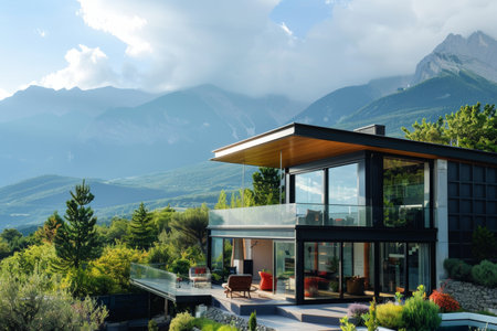 Modern glass villa with mountain views, luxury glamping experience in minimalist styleの素材