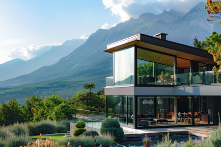 Luxurious glass villa with stunning mountain views in contemporary minimalist styleの素材