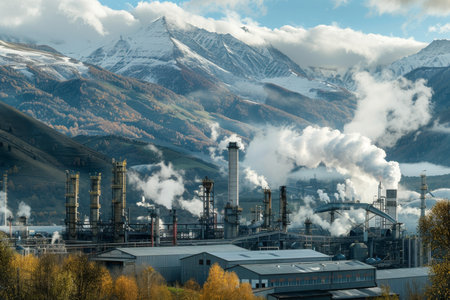 Scenic view of large industrial metallurgical and chemical plant surrounded by majestic mountainsの素材