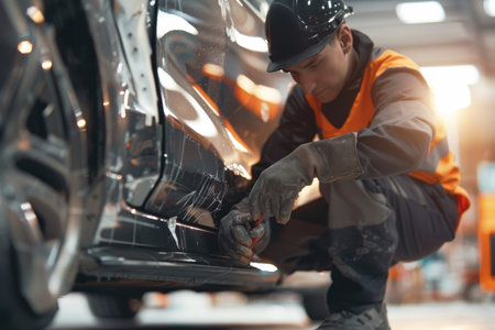 Skilled mechanic providing professional car repair service on bright white backgroundの素材