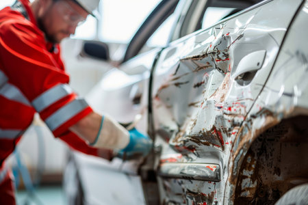 Professional mechanic repairing car after accident, modern repair service on white backgroundの素材