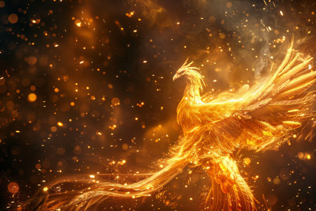 Majestic flaming phoenix firebird in sparkling flames against dark fiery backgroundの素材