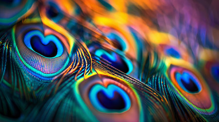 Close up macro photography of beautiful vibrant peacock feathers creating a stunning backgroundの素材
