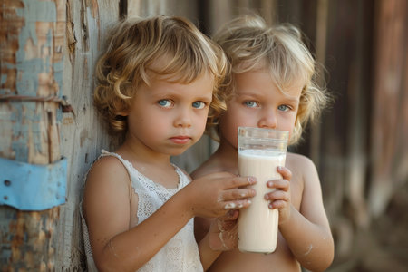 Happy children drinking milk for vibrant health and strong growth and developmentの素材