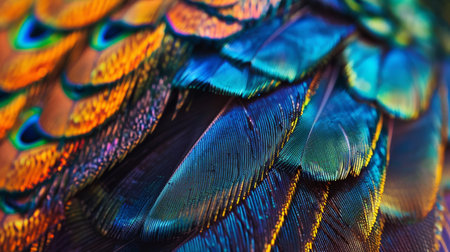 Close up macro photography of colorful and vibrant peacock feathers creating a stunning backgroundの素材
